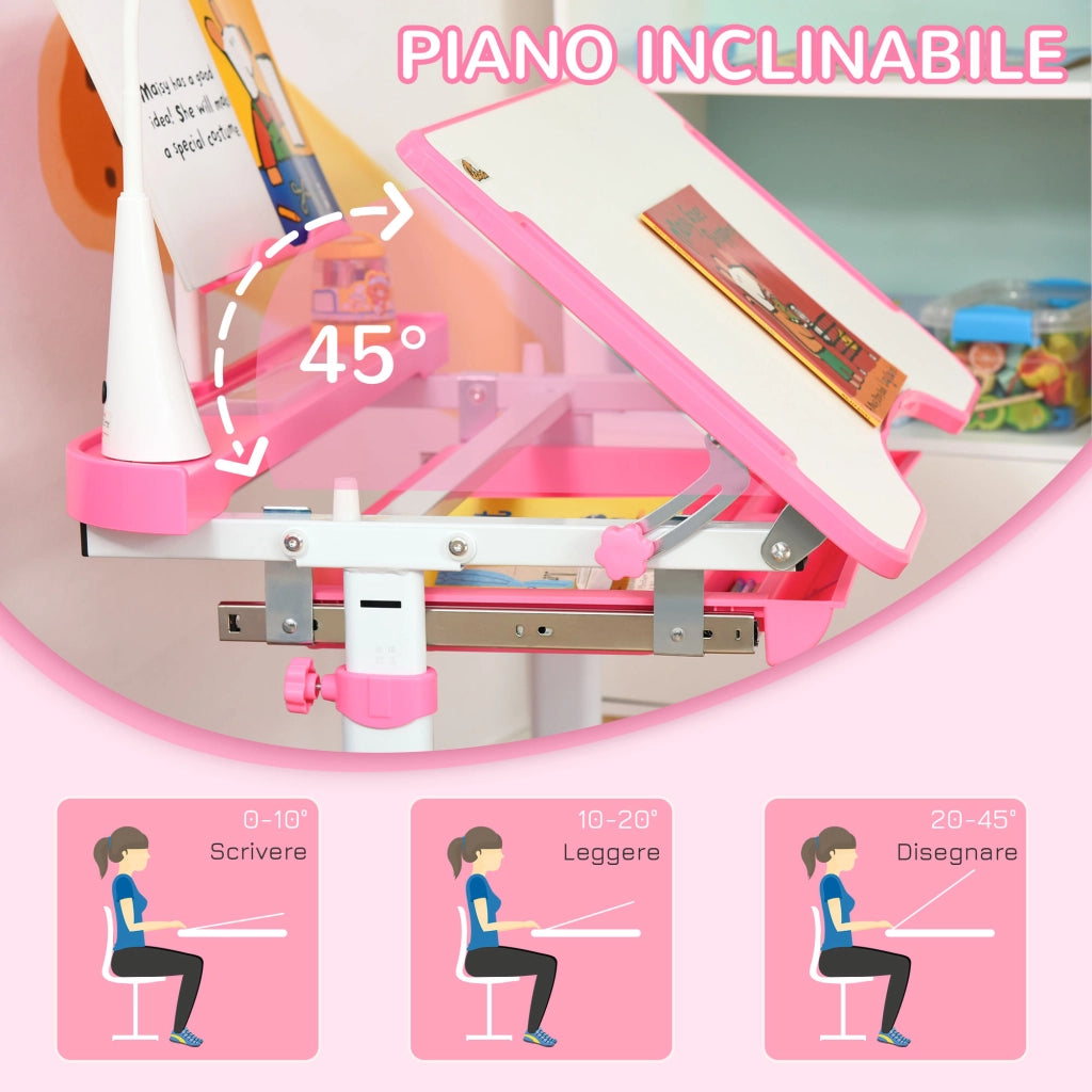 Banco Scuola Regolabile con Sedia per Bambini 6-12 Anni, 70x49.5x80-105 cm, Rosa