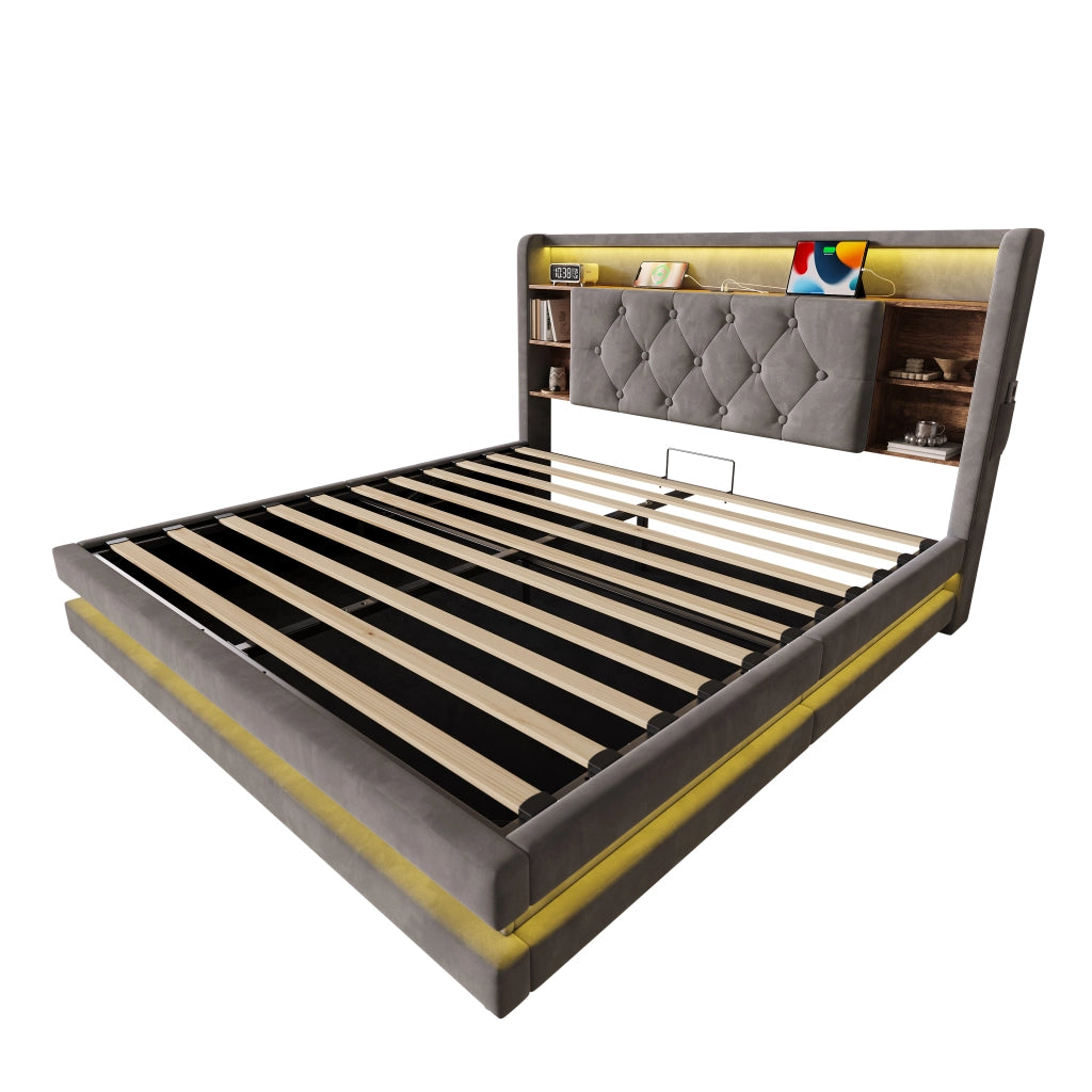 Letto Contenitore 140x200 cm; Letto Matrimoniale con LED; USB; Type-C e Ripiani