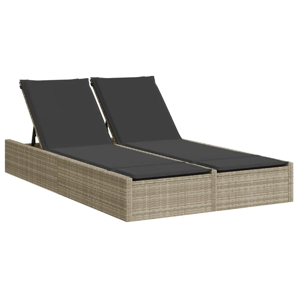 Lettino Prendisole | Sdraio da giardino | Lettino da sole Doppio con Cuscini Grigio Chiaro Polyrattan
