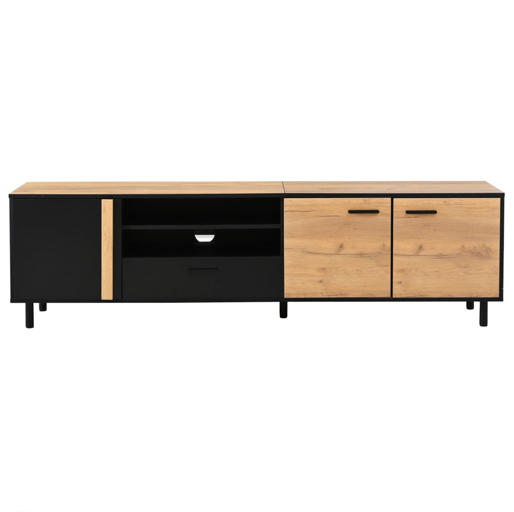 Mobile TV 180x32.5x50 cm con 3 ante; 1 cassetto e ripiano semichiuso in truciolare nero e naturale