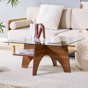 Tavolino quadrato in vetro di sicurezza 80 cm con struttura MDF effetto noce, portata 120 kg