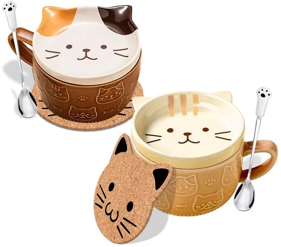 Set di due tazze da caffè con coperchi in forma di gatto kawaii - regali di compleanno per donne - curiosità divertenti