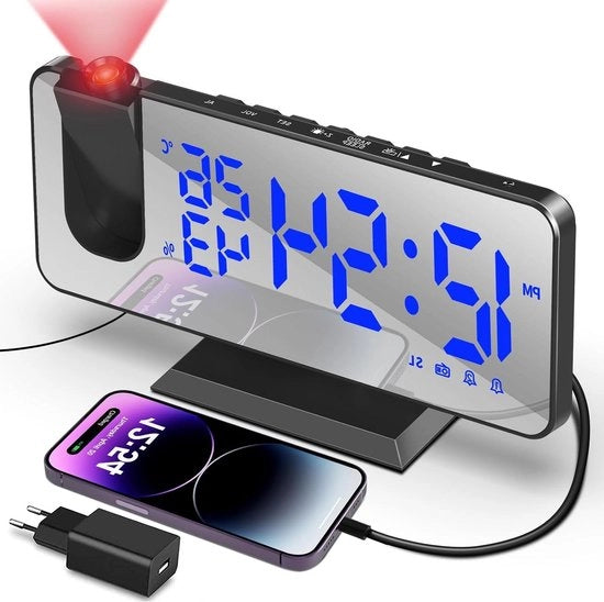 Alarme Digitale - Orologio da Parete - Radio - 20,2 cm x 5 cm - Connettore USB - Funzione di Proiezione - Nero Blu