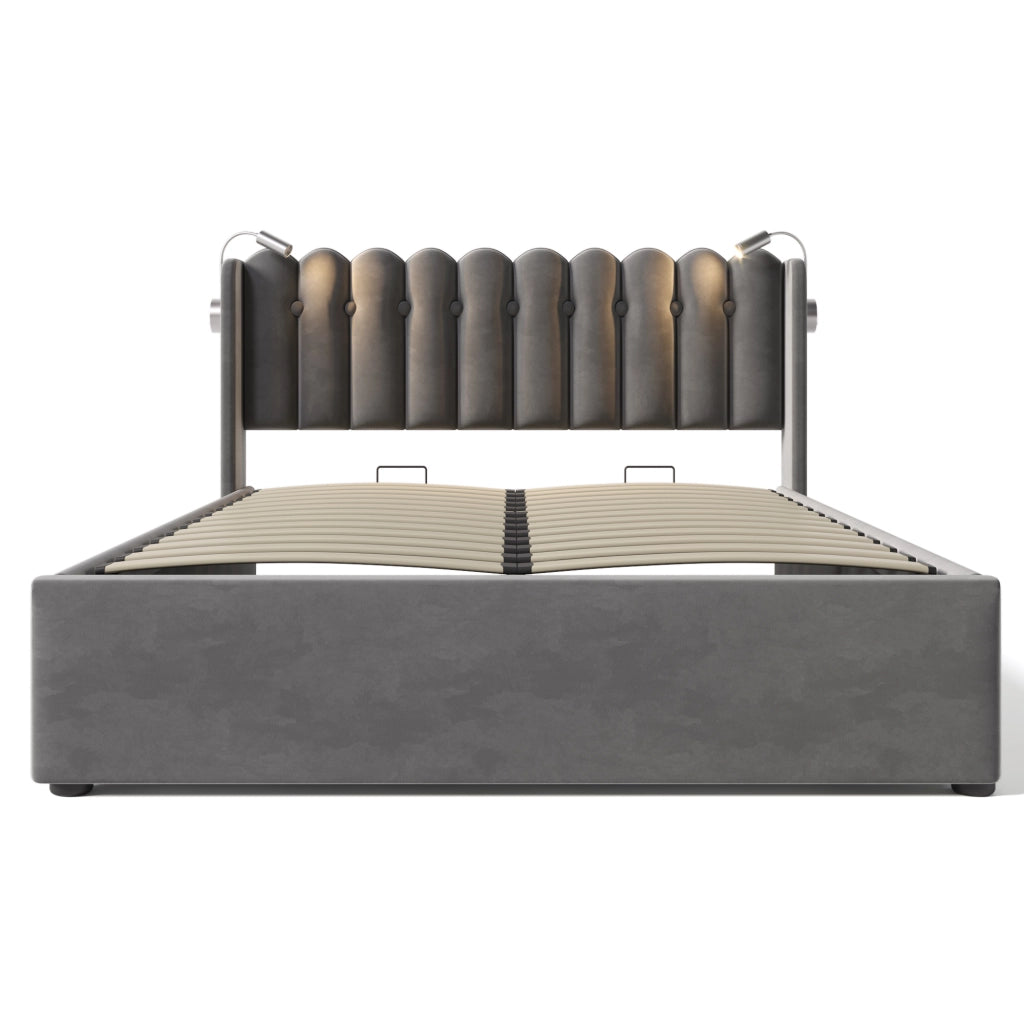 OKWISH Letto contenitore 160×200 cm, Letto Matrimoniale con USB, Lampada da Lettura e Testiera, senza Materasso, in Velluto, Grigio