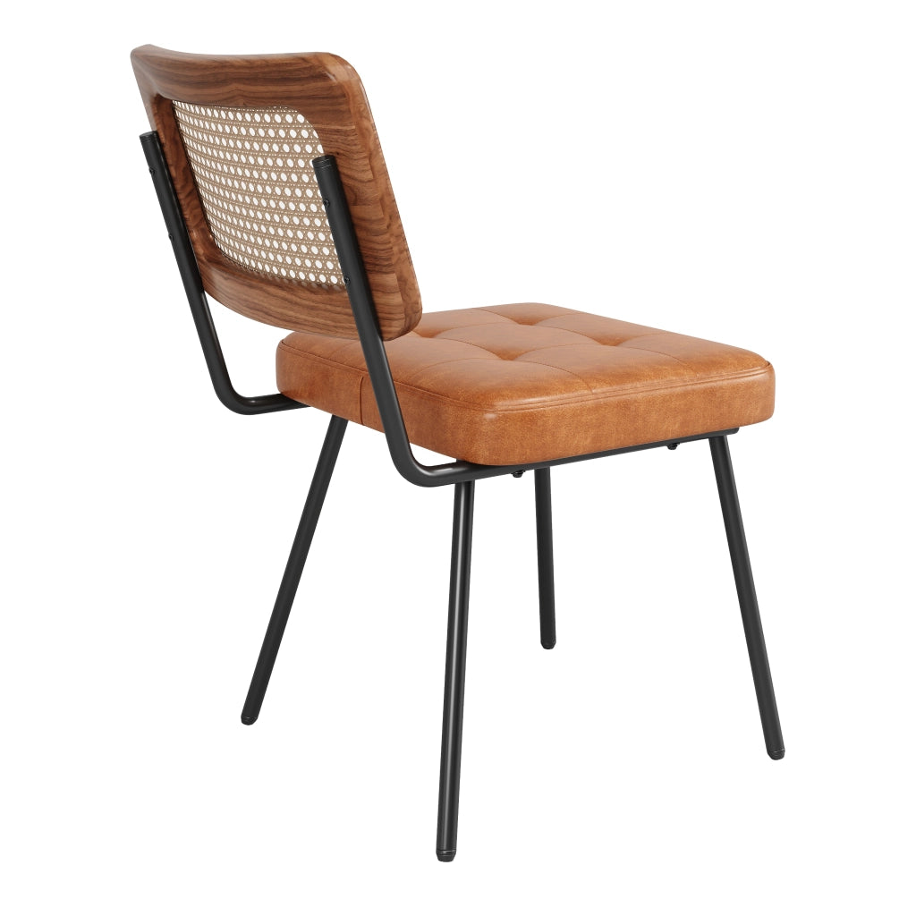 Sedia da pranzo ergonomica in PU e rattan con gambe in metallo, marrone