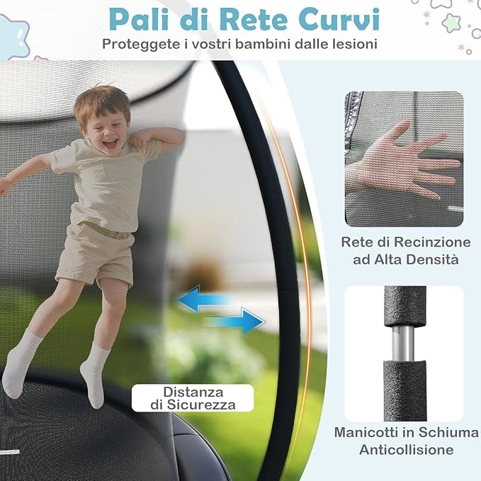 Trampolino Elastico per Bambini e Adulti 244 cm/305 cm/366 cm, Tappeto Elastico da Esterno con Rete di Sicurezza, Scala e Telaio in Acciaio Zincato Antiruggine
