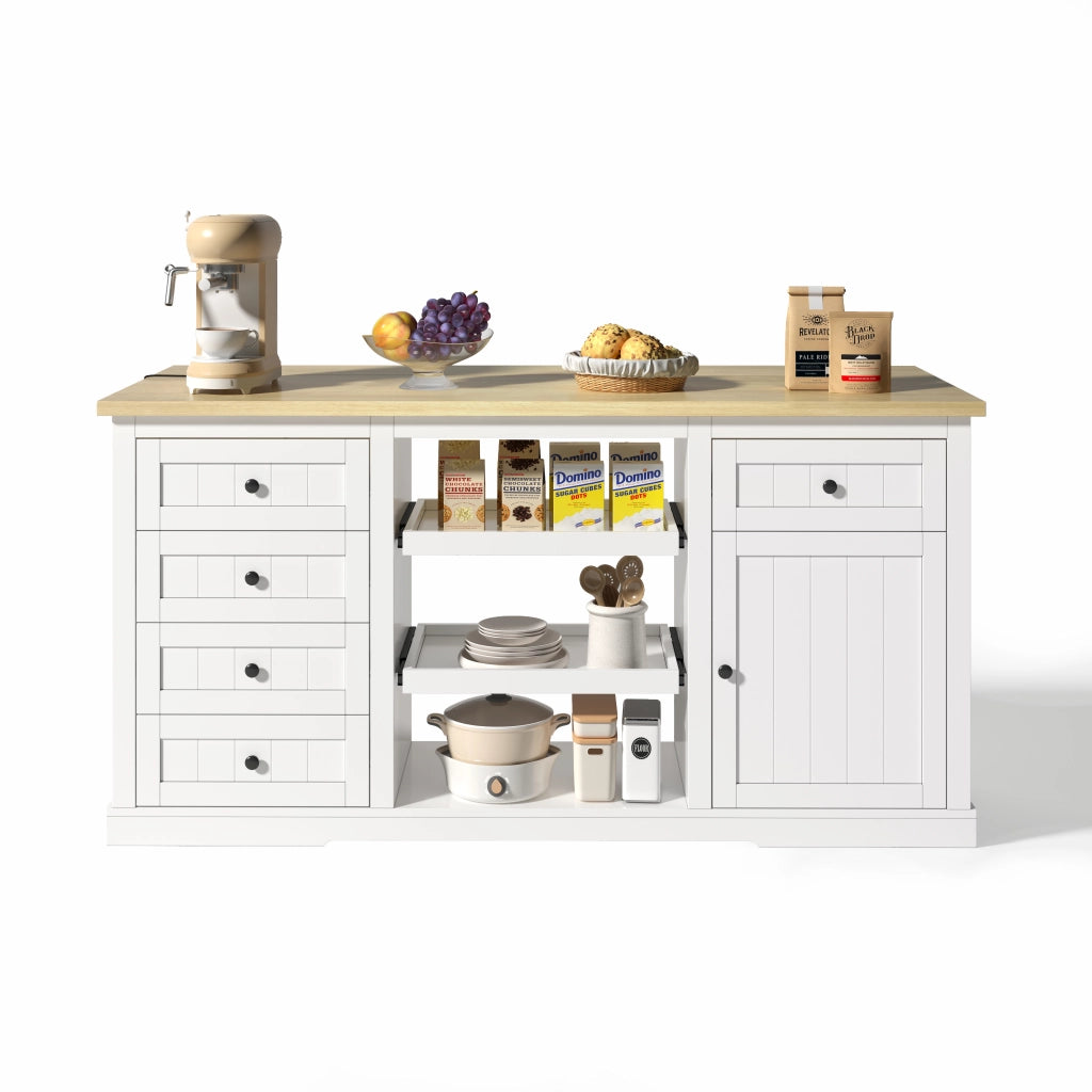 Credenza Isola Cucina 150x65x75,5 cm Bianca e Legno con 5 Cassetti, 2 Prese, 2 USB e Piano Ribaltabile