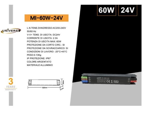 Mini Alimentatore Trasformatore Led 2.5A 24V 60W