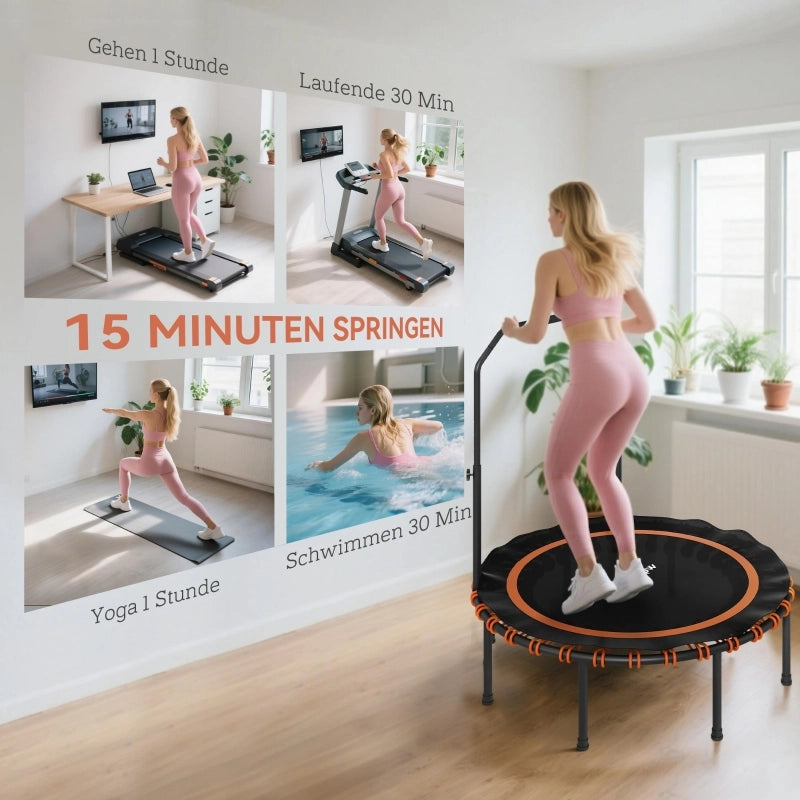 Trampolino fitness Ø122 cm con maniglione regolabile a 5 livelli, pieghevole, senza materasso, nero