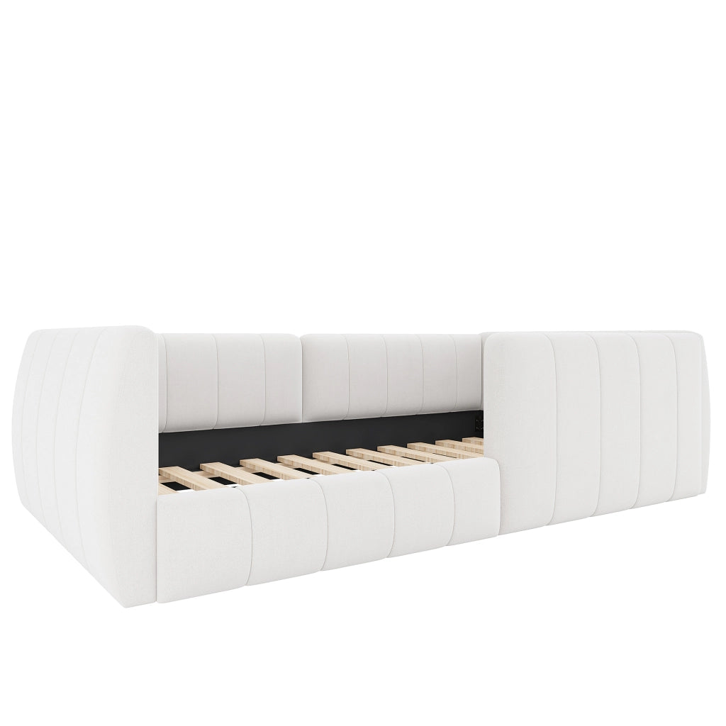 Letto singolo imbottito 90×200 cm con testiera e barriera di sicurezza; senza materasso; MDF e velluto; beige