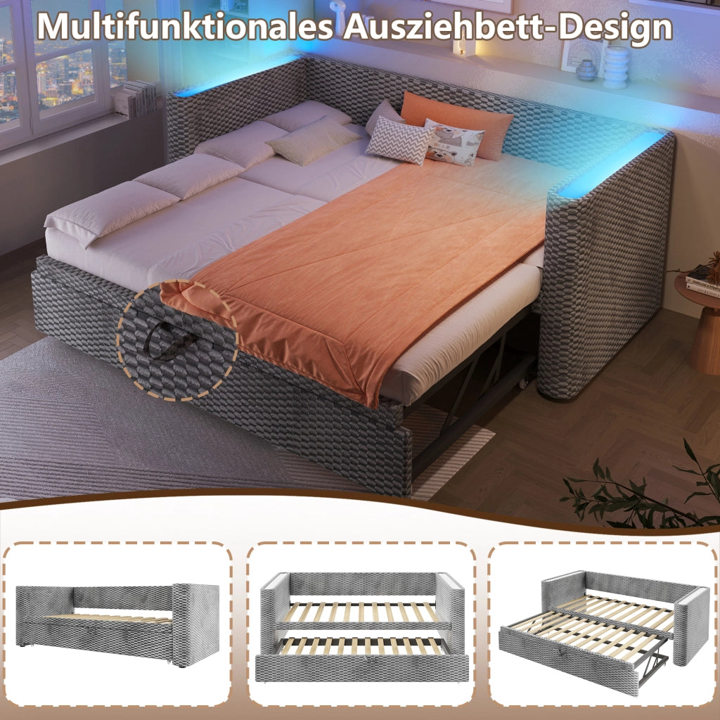 OKWISH Letto Estraibile 90×200 cm, Letto Singolo con LED Multicolore, si trasforma in 180×200 cm, senza Materasso, in Velluto, Grigio
