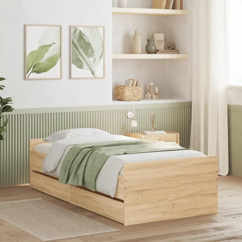 Letto singolo | Letto per adulti | Giroletto con Cassetti Rovere Sonoma 90x190 cm