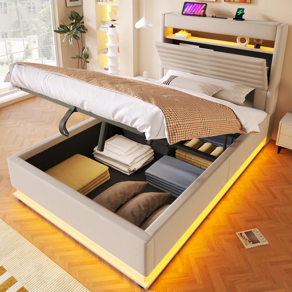 LETTO Contenitore 90x200 cm in lino beige con LED e USB Type-C