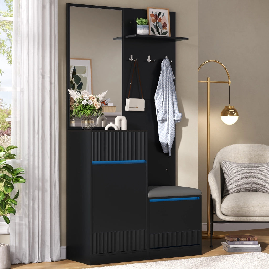 ARMADIO INGRESSO con scarpiera, specchio e LED 105x38x190 cm Nero