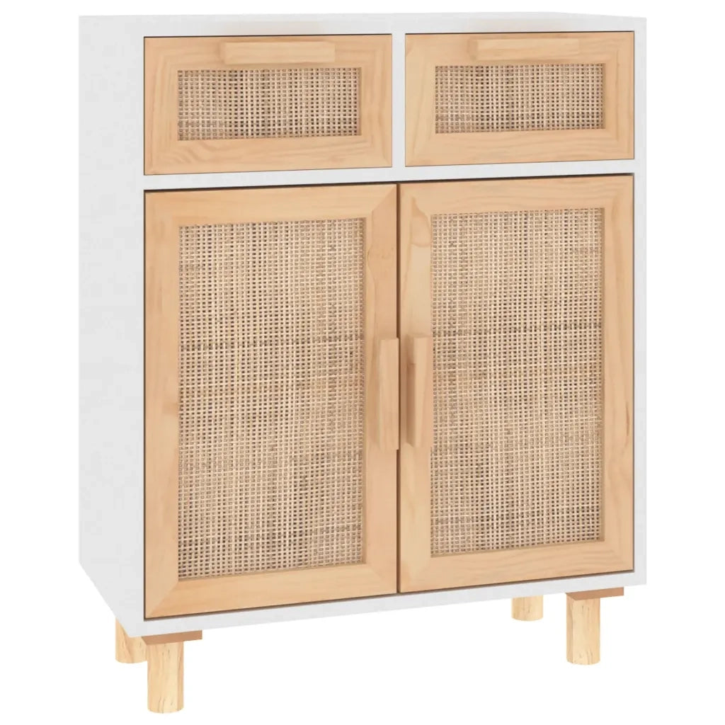 Credenza | Madia | Buffet da pranzo | Armadio da pranzo Bianca 60x30x75 cm Legno Massello Pino Rattan Naturale