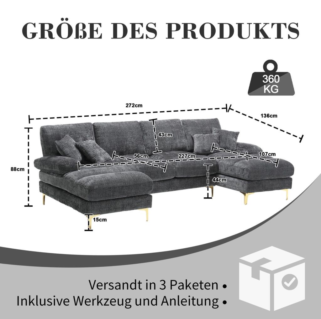 Divano angolare a U con doppia chaise longue 272x136x88 cm in chenille grigio