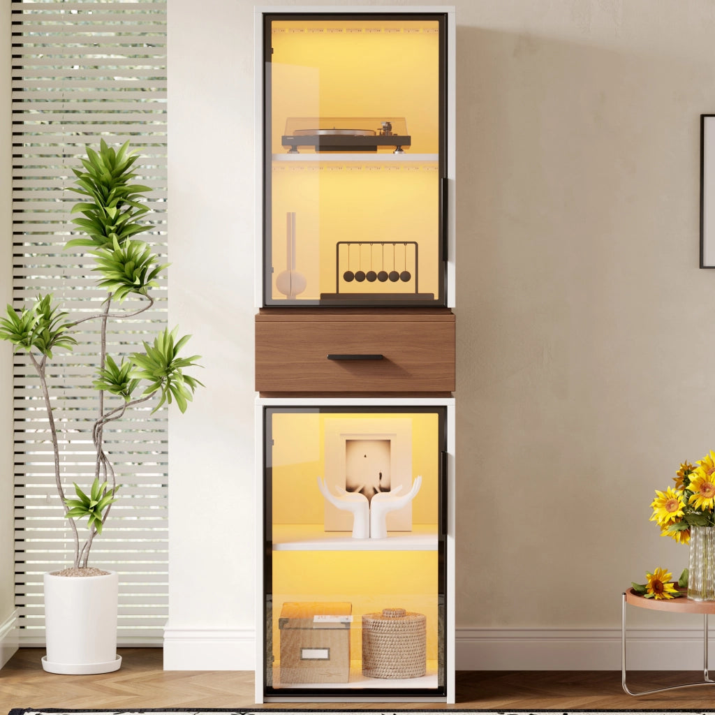 Vetrina 40x40x200 cm con LED multicolore e 2 ante in vetro MDF bianco