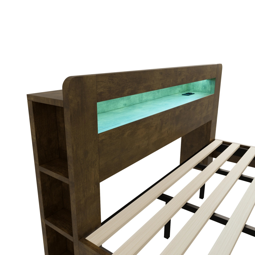 DESMIU Letto matrimoniale 180 × 200 cm con vano portaoggetti, LED e prese integrate, senza materasso, legno vintage
