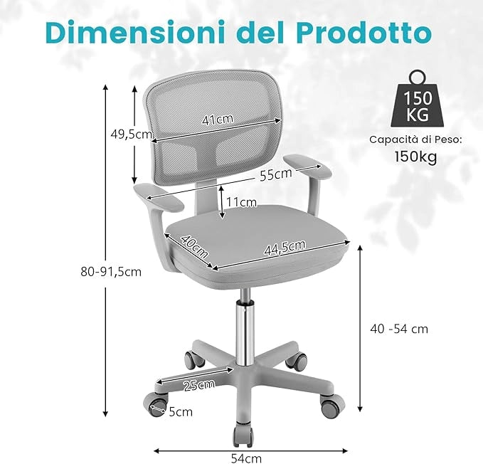 Sedia per Scrivania per Bambini, Sedia per Computer con Altezza Regolabile, Ruote con Freni, Sedile Girevole a Rete, Mobile Ergonomica per Bambini 3-10 Anni (Grigio)
