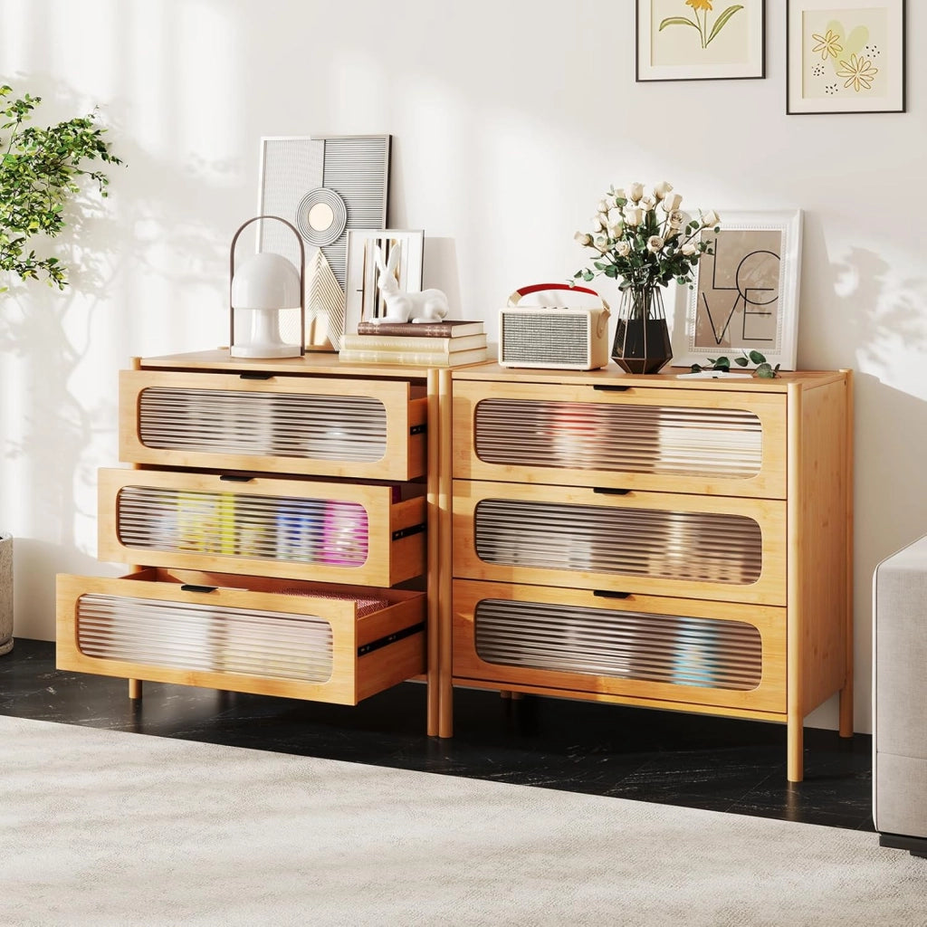 Cassettiera a 3 Cassetti in Bambù e Vetro Temperato, Cassettiera Salvaspazio per Camera da Letto, Credenza per Soggiorno, Ingresso e Corridoio, 80 x 40 x 78,5 cm, Naturale