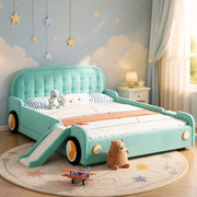 LETTO per bambini a forma di auto con scivolo e scala 140x200 cm velluto blu-verde