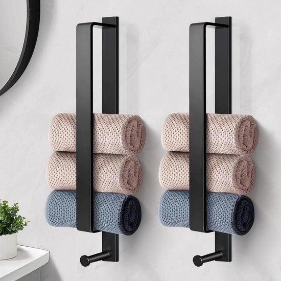 Maniglione per Asciugamani in Acciaio Inossidabile Senza Forare - 2PCS Maniglione per Asciugamani Nero 43.5cm con Ganci - Per Bagno