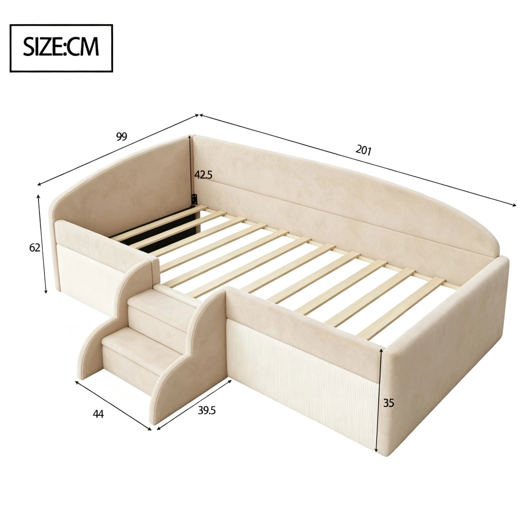 LETTO per bambini 90x190 cm in velluto beige con scale e sponde