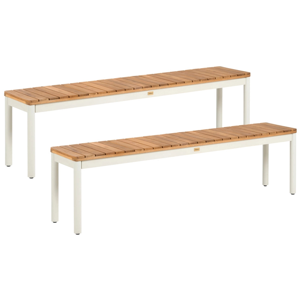 Set da giardino composto da 2 panchine in legno di acacia marrone con struttura in acciaio e pannello in compensato, stile moderno