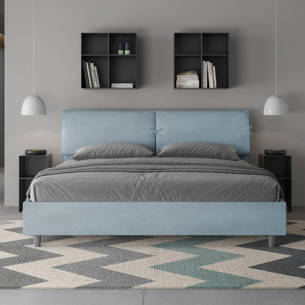 BS COM Letto matrimoniale king size con rete imbottito 180x210 microfibra azzurro