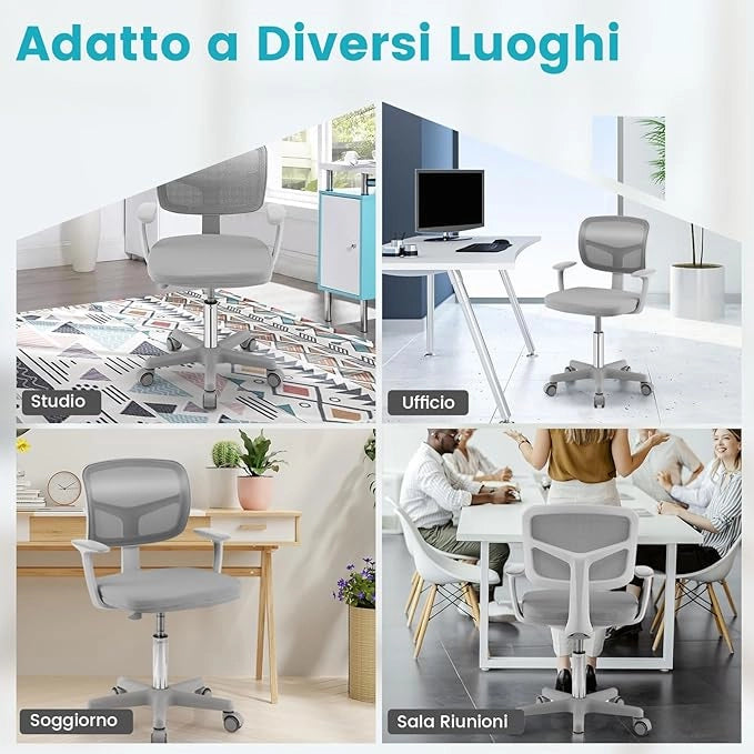 Sedia per Scrivania per Bambini, Sedia per Computer con Altezza Regolabile, Ruote con Freni, Sedile Girevole a Rete, Mobile Ergonomica per Bambini 3-10 Anni (Grigio)
