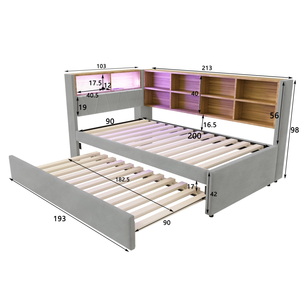 Letto estraibile matrimoniale 90×200 cm e 90×190 cm con LED; USB e ripiani; senza materasso; grigio chiaro