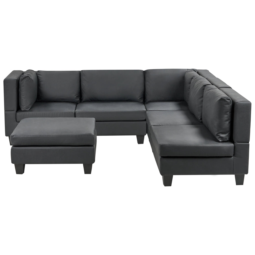 Divano componibile a 5 posti imbottito lato sinistro in tessuto nero con gambe nere e pouf stile moderno