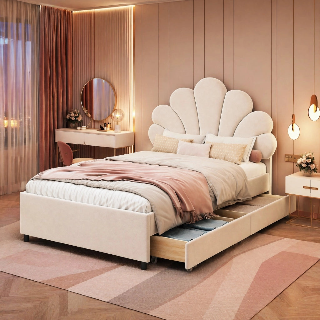 LETTO Imbottito 90x200 cm Beige con 2 cassetti