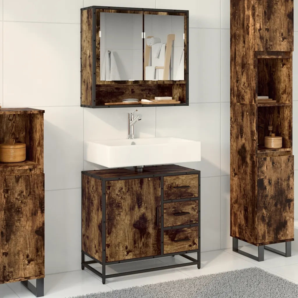 Mobile Lavabo Bagno-Armadietto da bagno Rovere Fumo 65x33x60 cm Legno Multistrato 380698