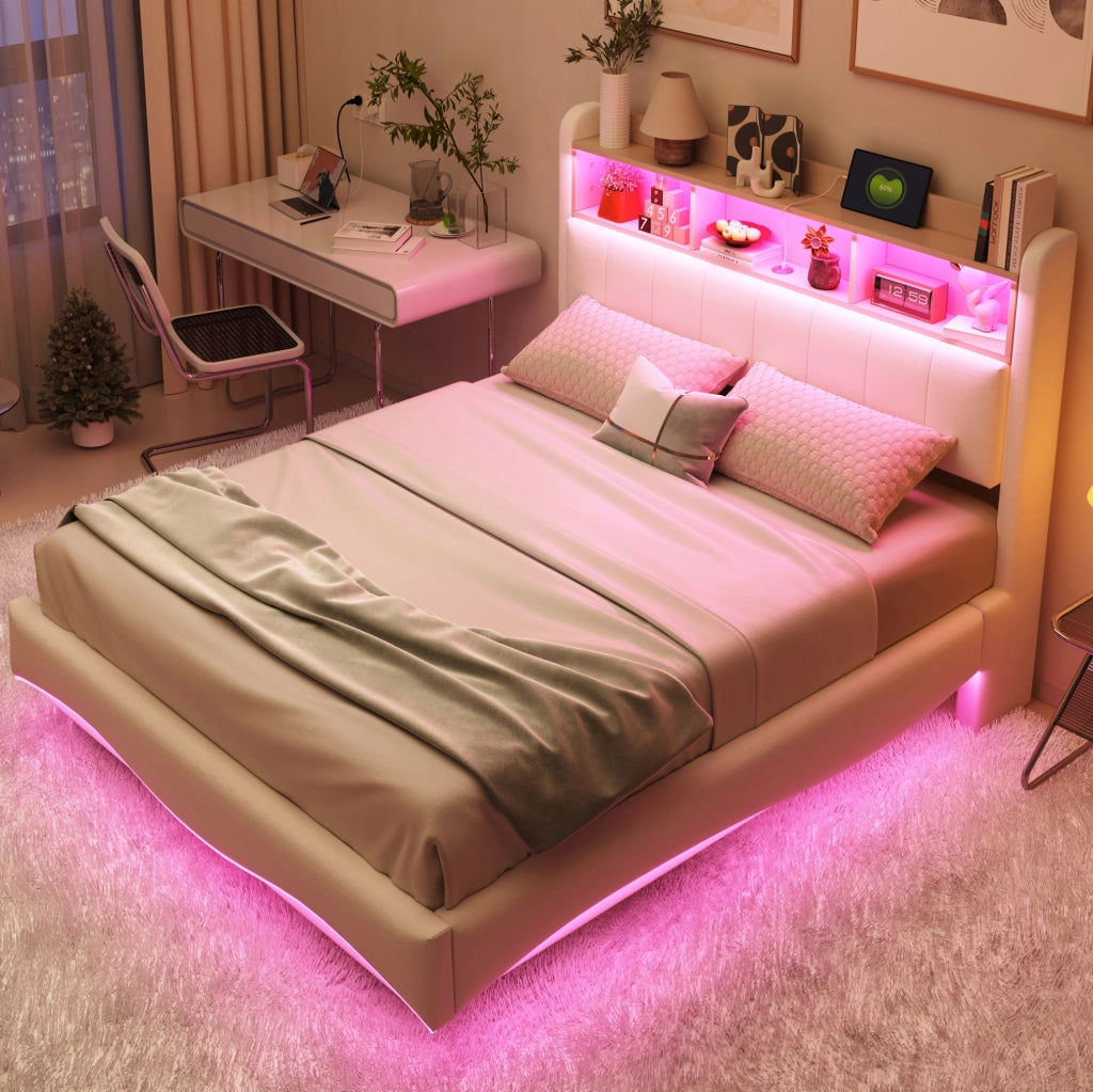 Letto imbottito 140x200 con LED, USB-C, contenitore testata beige