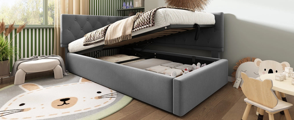 DESMIU Divano letto 90 × 190 cm 1 posto con contenitore idraulico e testiera reversibile, senza materasso, in velluto, grigio