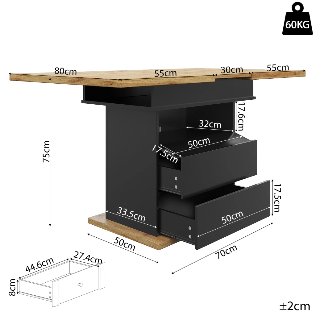Tavolo allungabile per 4-6 persone con piano estendibile e vano contenitore; per cucina e soggiorno; 110-140×80×75 cm