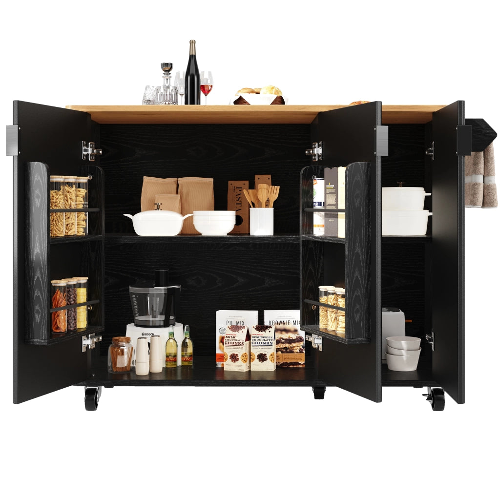 OKWISH Carrello da cucina con 3 ante, piano ribaltabile, ripiani regolabili, portaasciugamani e ruote, nero
