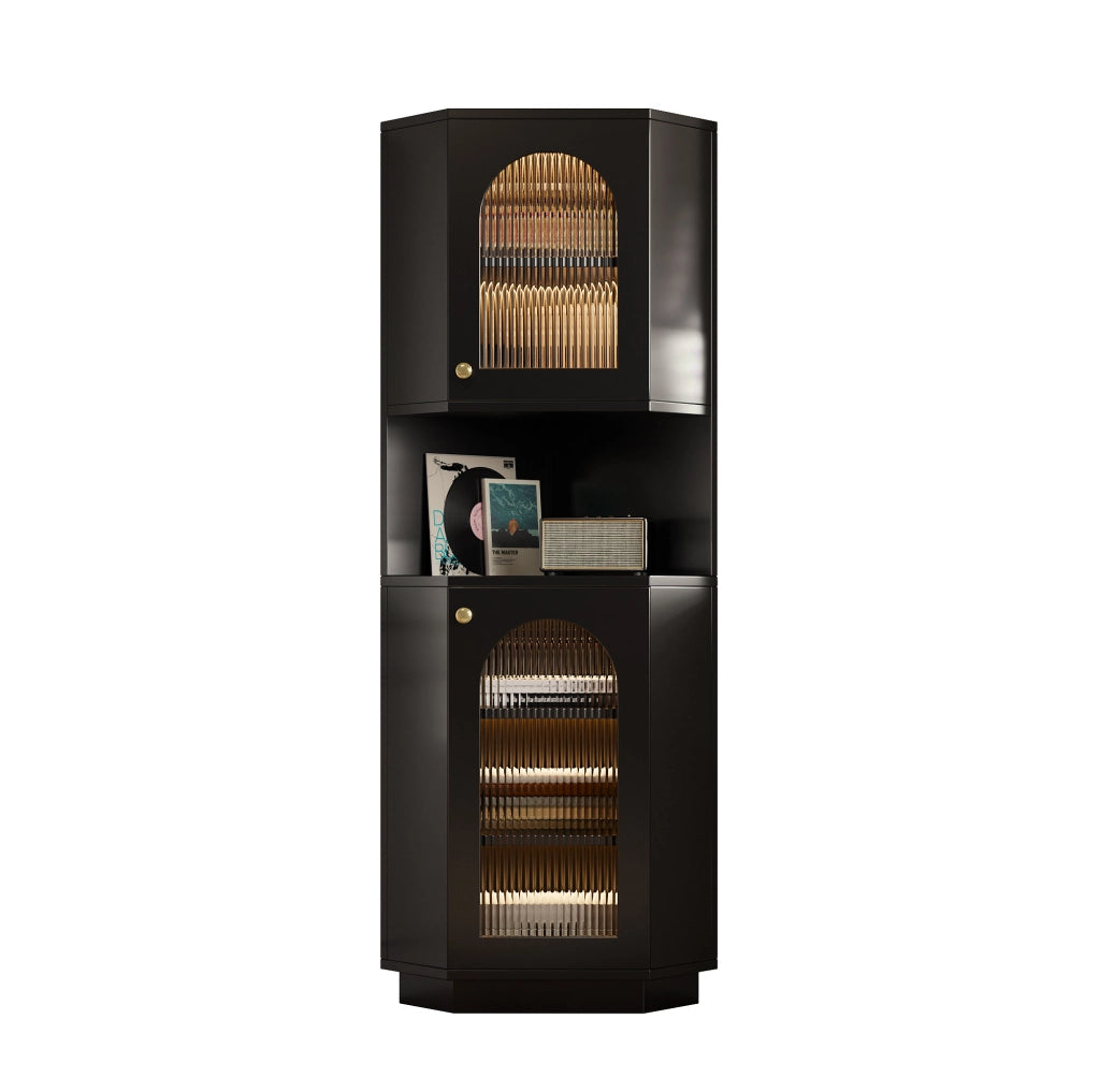 Mobile da bagno angolare con vano aperto e barra luminosa in MDF nero
