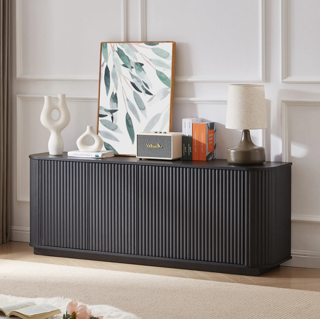Credenza moderna con motivo ondulato; 4 ante; 162;5x38x61 cm; MDF nero