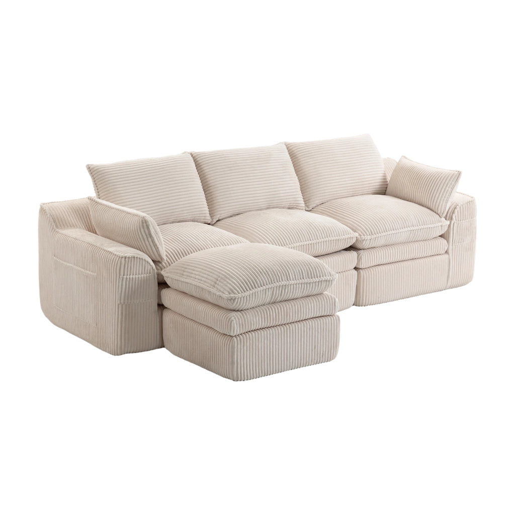Divano modulare 3 posti - con pouf; tasche laterali e cuscini - in corduroy beige