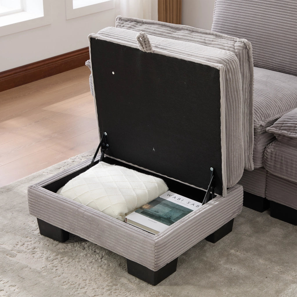 Divano 2 posti in corduroy con pouf, USB-C, tasche laterali, grigio chiaro
