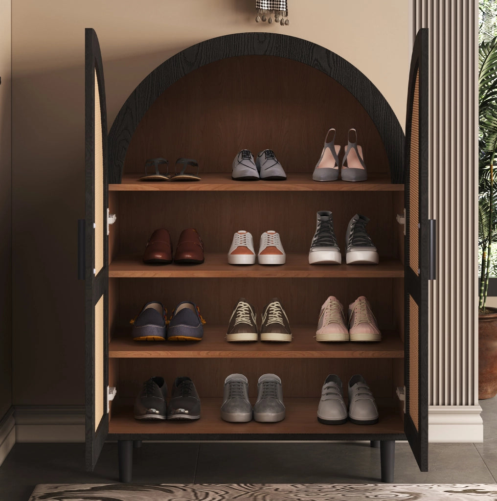 Scarpiera 70x40x100 cm con ripiani regolabili e ante in rattan MDF; pannello truciolare naturale e nero