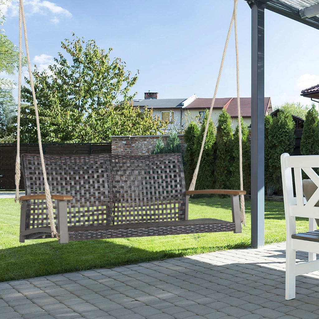 Altalena in rattan PE con 2 corde e schienale curvato, Panca altalena da esterno con 2 posti per portico