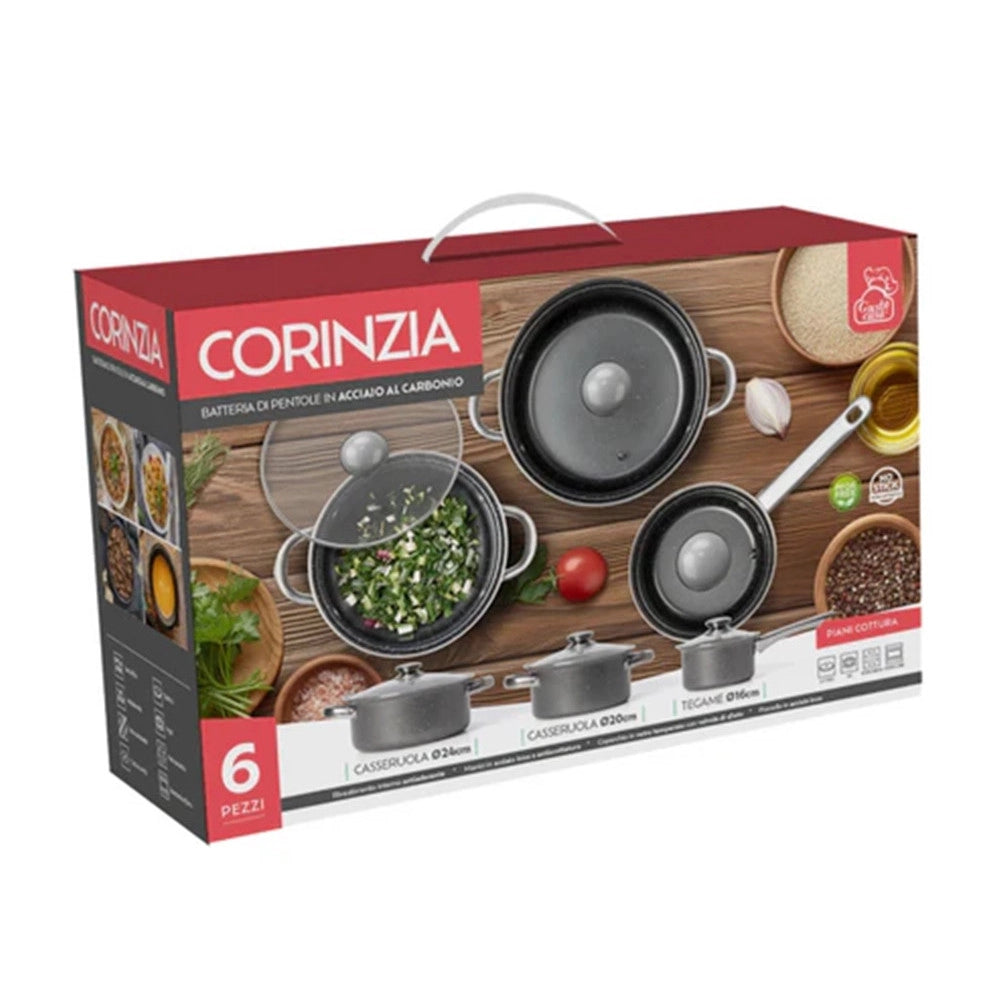 Trade Shop - Set Batteria Di Pentole Cucina In Acciaio Al Carbonio Da 6pz Antiaderente Antigraffio -
