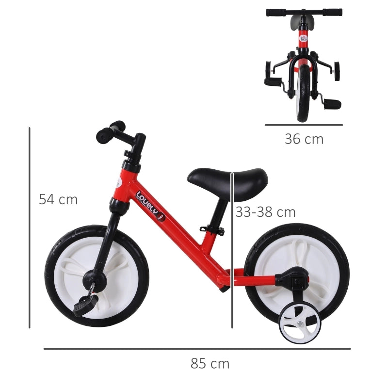 Bicicletta senza pedali per bambini, bici da allenamento, bicicletta per bambini, 2 in 1, bici per bambini con rotelle e pedali, 2-5 anni, altezza