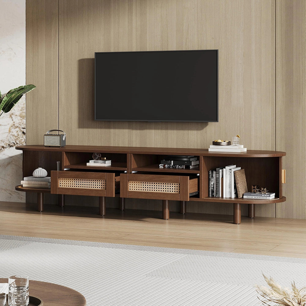 Mobile TV Ovale 170x40x40cm - Xylo - 2 Cassetti in Vimini, 2 Ante Scorrevoli, Noce