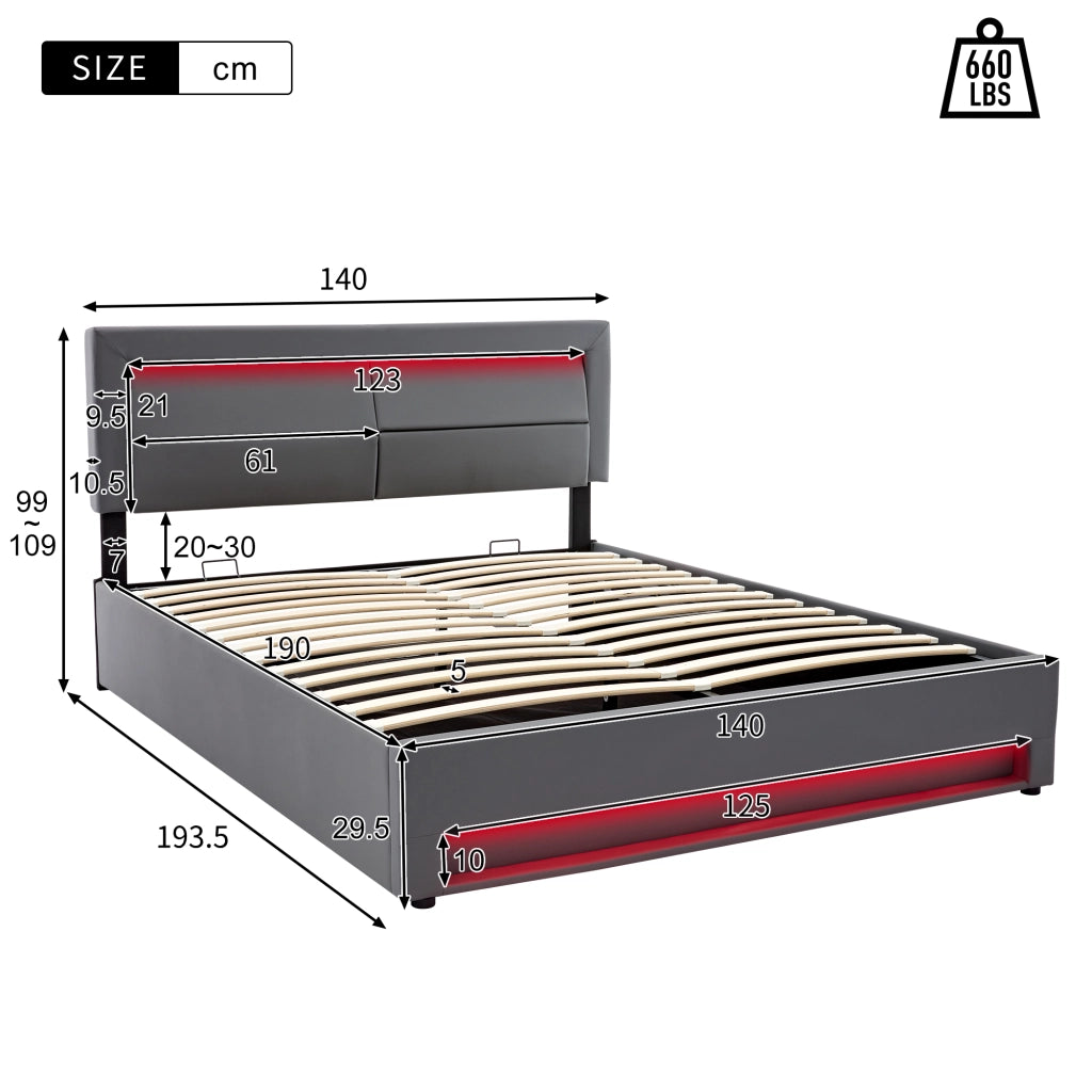 Letto imbottito 140x190 cm in PU grigio con USB, LED e contenitore