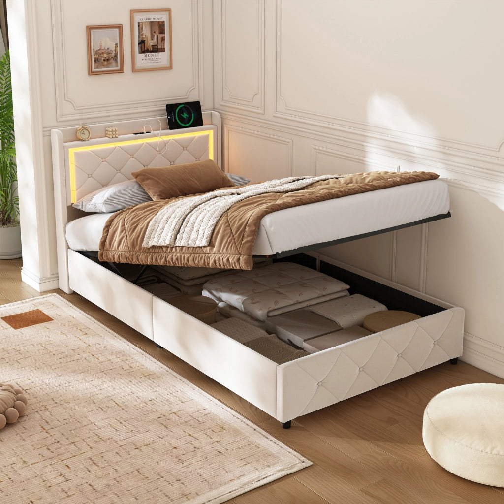 Letto singolo contenitore 90x200 cm in velluto beige, testiera trapuntata con luci RGB‑LED, controllo app e telecomando, sistema di sollevamento idraulico, senza materasso
