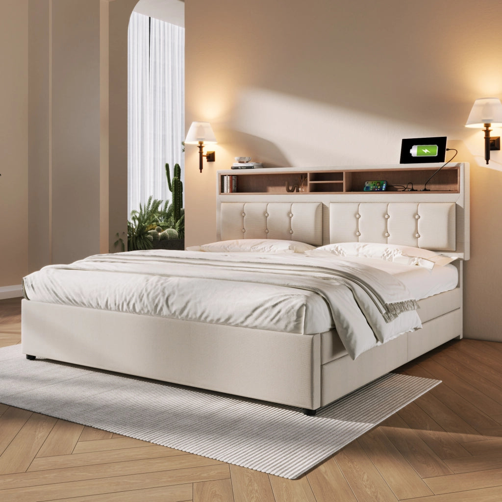 letto imbottito lino beige 140x200 cm